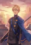  1boy blonde_hair blue_eyes cape coat cowboy_shot dawn day dimitri_alexandre_blaiddyd fire_emblem fire_emblem:_three_houses fire_emblem:_three_houses fire_emblem_16 garreg_mach_monastery_uniform gauntlets giggling hair_between_eyes highres intelligent_systems lance long_sleeves looking_at_viewer nananfefksg nintendo open_mouth outdoors pants polearm ruins scabbard sheath sheathed short_hair shoulder_strap smile solo sword weapon 