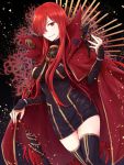  bangs black_background black_legwear breasts cape dress fate/grand_order fate_(series) large_breasts long_hair oda_nobunaga_(fate)_(all) oda_nobunaga_(maou_avenger)_(fate) one_eye_covered ornament red_cape red_eyes redhead simple_background smile smug solo thigh-highs tight_dress umbrella weapon 