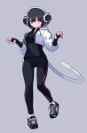  1girl black_hair claw_pose commentary_request crop_top fake_tail full_body headgear highres hood hoodie looking_at_viewer nail_polish original shoes short_hair smile sneakers solo standing standing_on_one_leg t-naka-s-12 tail track_suit violet_eyes 