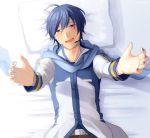  1boy ahoge arms_up bed belt blue_hair blue_nails blue_scarf coat commentary half-closed_eyes headset kaito light_blush looking_at_viewer lying male_focus nail_polish nokuhashi on_back open_mouth outstretched_arms pillow reaching_out scarf short_hair smile upper_body vocaloid white_coat 