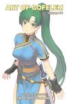  1girl artist_name bangs black_gloves blue_dress blush breasts brown_sash commentary cover cowboy_shot dress earrings english_commentary eyebrows_visible_through_hair fingerless_gloves fire_emblem fire_emblem:_the_blazing_blade gloves green_eyes green_hair jewelry katana long_hair lyn_(fire_emblem) marfrey medium_breasts pelvic_curtain ponytail sash scabbard sheath sheathed short_sleeves side_slit solo standing sword very_long_hair weapon 