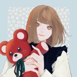  1girl bangs blue_background brown_eyes brown_hair hand_up holding holding_stuffed_animal long_sleeves medium_hair miyako_ruri original ribbon simple_background smile solo stuffed_animal stuffed_toy teddy_bear upper_body 