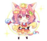  1girl :d animal_ear_fluff animal_ears bangs black_footwear blush boots bow brown_hair candy candy_hair_ornament candy_wrapper cat_ears cat_girl cat_tail chibi commentary_request dress eyebrows_visible_through_hair fang food food_themed_hair_ornament frilled_dress frilled_sleeves frills full_body hair_between_eyes hair_ornament holding holding_food holding_lollipop knee_boots lollipop long_hair long_sleeves looking_at_viewer open_mouth original red_bow red_eyes shikito sleeves_past_fingers sleeves_past_wrists smile solo standing swirl_lollipop tail tail_ornament white_background wide_sleeves yellow_dress 