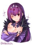  1girl bangs breast_press breasts closed_mouth commentary_request crossed_arms detached_collar dress ebifurya fate/grand_order fate_(series) feather_trim fur-trimmed_dress fur_trim hair_between_eyes headpiece highres holding holding_wand large_breasts one_eye_closed purple_dress purple_hair purple_ribbon red_eyes ribbon runes scathach_(fate)_(all) scathach_skadi_(fate/grand_order) smile tiara upper_body wand 
