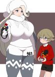  1boy 1girl age_difference bangs blonde_hair blue_eyes blush breasts clothes_writing earrings gloves gym_leader hat highres holding holding_poke_ball jewelry kloah large_breasts lips long_hair long_sleeves melony_(pokemon) pantyhose poke_ball pokemon pokemon_(game) pokemon_swsh red_sweater scarf shorts silver_hair simple_background sweater two-tone_background ultra_ball wavy_mouth white_sweater winter_clothes youngster_(pokemon) 