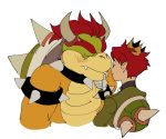  2boys absurdres armlet blush bowser closed_eyes crown fangs finger_to_another&#039;s_chin height_difference highres horns kendy_(revolocities) looking_at_another lord_peach male_focus super_mario_bros. multiple_boys new_super_mario_bros._u_deluxe redhead shell simple_background spiked_armlet thick_eyebrows white_background yaoi 