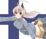  1girl ahoge animal_ears ass blue_eyes blush breasts closed_mouth eila_ilmatar_juutilainen eyebrows_visible_through_hair finnish_flag flying fox_ears fox_tail large_breasts long_hair looking_at_viewer military military_uniform momiji7728 outstretched_arms pantyhose shiny shiny_hair simple_background smile solo spread_arms strike_witches striker_unit tail uniform white_hair white_legwear world_witches_series 