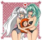  1boy 2girls bikini black_heart blush breast_press breasts closed_eyes closed_mouth collar crossover green_eyes green_hair green_heart hair_ornament heart_bubbles jechibi-kun kenny_mccormick large_breasts long_hair multiple_girls neptune_(series) one-piece_swimsuit open_eyes parody ponytail shiny shiny_skin silver_hair south_park swimsuit symbol-shaped_pupils twintails violet_eyes 