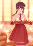  1girl :d baguette bakery bangs blush bread brown_eyes brown_hair croissant food hair_bobbles hair_ornament hat highres holding holding_tray indoors long_sleeves looking_at_viewer low_twintails nagidango open_mouth original oven_mitts parted_bangs red_neckwear red_skirt shirt shop skirt smile standing steam tray twintails white_shirt 