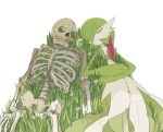  apios1 bone closed_eyes closed_mouth commentary_request flower gardevoir gen_3_pokemon grass highres lying on_back pokemon pokemon_(creature) simple_background skeleton skull white_background white_flower 