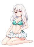  1girl absurdres bangs bare_arms bare_shoulders bikini bikini_skirt blush collarbone commentary_request eyebrows_visible_through_hair fate/kaleid_liner_prisma_illya fate_(series) green_bikini_bottom green_bikini_top highres illyasviel_von_einzbern kneeling long_hair looking_at_viewer navel red_eyes revision simple_background solo swimsuit tming white_background white_bikini white_hair 