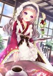  1girl :d bangs bow brown_bow ceiling chair coffee coffee_cup cup day disposable_cup hane_segawa highres holding holding_tray indoors long_hair long_sleeves looking_at_viewer open_mouth original parfait smile table tray violet_eyes wa_maid wide_sleeves window 