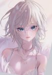  1girl anastasia_(idolmaster) blue_eyes collarbone commentary_request dress earrings eyelashes fur-trimmed_dress hair_between_eyes idolmaster idolmaster_cinderella_girls jewelry magako necklace short_hair silver_hair solo upper_body white_dress 