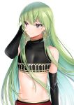  1other androgynous bangs black_gloves earrings elbow_gloves enkidu_(fate/strange_fake) fate/strange_fake fate_(series) gloves green_hair highres jewelry light_green_hair long_hair looking_away midriff mizuki_eiru_(akagi_kurage) navel simple_background smile solo white_background 