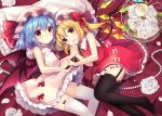  2girls :d alternate_costume bare_arms bat_wings birdcage blonde_hair blue_hair blush breasts cage dress eyebrows_visible_through_hair feet feet_out_of_frame flandre_scarlet flower frilled_dress frills hair_between_eyes hat hat_ribbon highres holding_hands looking_at_viewer lying mob_cap multiple_girls open_mouth pearl_(gemstone) petals pillow red_eyes remilia_scarlet ribbon short_hair skirt small_breasts smile thigh-highs touhou wings zettai_ryouiki 