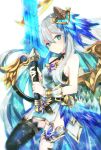  1girl bangs bare_shoulders black_legwear blue_eyes blue_hair breasts character_request closed_mouth commentary_request cryptract dress eyebrows_visible_through_hair feathered_wings green_wings grey_hair hair_between_eyes hair_ornament halo highres holding holding_sword holding_weapon kikka_(kicca_choco) long_hair looking_at_viewer medium_breasts multicolored_hair single_thighhigh solo sword thigh-highs two-tone_hair very_long_hair weapon white_background white_dress wings wrist_cuffs 