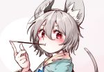  1girl animal_ear_fluff animal_ears bangs blue_capelet capelet commentary_request food food_in_mouth gradient gradient_background grey_background grey_hair hair_between_eyes hand_up jewelry kibayashi_kimori looking_at_viewer mouse_ears mouse_tail mouth_hold nazrin pendant pocky portrait red_eyes short_hair solo tail touhou 