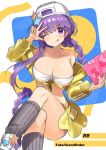  1girl backwards_hat bangs bare_shoulders baseball_cap bb_(fate)_(all) bb_(swimsuit_mooncancer)_(fate) blush breasts collarbone crossed_legs fate/grand_order fate_(series) hat hayama_eishi highres jacket large_breasts long_hair looking_at_viewer off_shoulder purple_hair skirt smile solo star_hat_ornament violet_eyes yellow_jacket yellow_skirt 