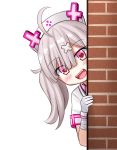  1girl :d ahoge bandaged_arm bandages bangs brick_wall collared_shirt eyebrows_visible_through_hair fangs gloves grey_hair hair_between_eyes hair_ornament hat heart heart-shaped_pupils highres kazenokaze long_hair nijisanji nurse_cap open_mouth peeking_out pink_hair shirt short_sleeves simple_background smile solo sukoya_kana symbol-shaped_pupils twintails virtual_youtuber white_background white_gloves white_headwear white_shirt x_hair_ornament 