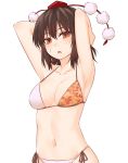  1girl armpits arms_behind_head arms_up bangs bare_arms bare_shoulders bikini black_hair blush breasts collarbone commentary groin hair_between_eyes hat leaf_print looking_at_viewer medium_breasts miyo_(ranthath) navel open_mouth pom_pom_(clothes) red_eyes shameimaru_aya short_hair side-tie_bikini simple_background solo stomach sweat swimsuit symbol_commentary tassel tokin_hat touhou upper_body white_background white_bikini 