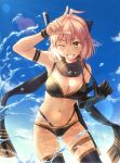  1girl ahoge asymmetrical_gloves bikini black_bikini black_bow black_gloves black_legwear black_scarf blue_sky bow breasts clouds cold_(hoshinoskull) cowboy_shot day elbow_gloves fate/grand_order fate_(series) gloves hair_bow half_updo highleg highleg_bikini medium_breasts multi-strapped_bikini navel okita_souji_(fate)_(all) okita_souji_(swimsuit_assassin)_(fate) one_eye_closed pink_hair scarf single_elbow_glove single_glove sky solo standing swimsuit thigh-highs thigh_strap water yellow_eyes 