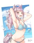  1girl absurdres ahoge animal_ears artist_name bangs bare_arms bare_shoulders beach bikini blue_bikini breasts brown_eyes collarbone commentary_request copyright_request eyebrows_visible_through_hair fang grey_hair highres large_breasts long_hair looking_at_viewer open_mouth original side-tie_bikini solo swimsuit tail wolf_ears wolf_tail yumoto_motoyu 