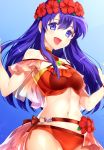  1girl :d bangs bare_shoulders bikini blue_background blue_eyes blue_hair blue_sky breasts cleavage_cutout cowboy_shot cute day fire_emblem fire_emblem:_fuuin_no_tsurugi fire_emblem:_the_binding_blade fire_emblem_6 fire_emblem_heroes fire_emblem_sword_of_seals flower frills gradient gradient_background head_wreath intelligent_systems jurge lilina_(fire_emblem) long_hair moe navel nintendo o-ring open_mouth outdoors red_flower red_swimsuit simple_background sky small_breasts smile solo stomach swimsuit w_arms waist_cape 