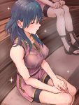  1girl blue_hair byleth_(fire_emblem) byleth_eisner_(female) closed_eyes closed_mouth fire_emblem fire_emblem:_three_houses highres medium_hair shorts sitting sleeveless sparkle starheart sweat 