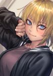  1girl black_jacket blonde_hair blue_eyes blush hair_between_eyes hand_up highres indoors jacket kilye_4421 looking_at_viewer original short_hair simple_background sleeves_past_wrists upper_body 