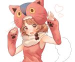  1girl aikatsu! aikatsu!_(series) animal_costume animal_hat arm_up armpits blush brown_eyes cat_costume cat_hat cat_tail detached_sleeves embarrassed eyebrows_visible_through_hair fang hanako151 hat heart looking_at_viewer oozora_akari open_mouth orange_hair scarf signature simple_background sketch sleeveless solo tail upper_body white_background 