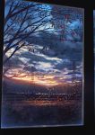  autumn autumn_leaves city_lights cityscape clouds cloudy_sky cola_(gotouryouta) commentary_request dusk falling_leaves fence highres leaf mountain mountainous_horizon no_humans original power_lines scenery sky sunset transmission_tower tree twilight wind window wooden_fence 