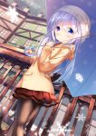  1girl :o bangs blue_eyes blue_hair blue_umbrella blurry blurry_background blush brown_jacket brown_legwear building chinomaron commentary_request day depth_of_field dutch_angle eyebrows_visible_through_hair gochuumon_wa_usagi_desu_ka? hair_between_eyes hair_ornament highres holding holding_umbrella hood hood_down hooded_jacket jacket kafuu_chino long_hair long_sleeves looking_at_viewer looking_to_the_side outdoors pantyhose parted_lips pleated_skirt polka_dot polka_dot_umbrella railing red_skirt signature skirt sleeves_past_wrists snowflakes snowing solo umbrella very_long_hair window x_hair_ornament 