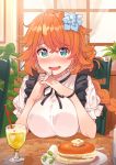  1girl absurdres bangs black_ribbon blue_eyes blue_flower blush breasts cup drink drinking_glass drinking_straw elbow_rest flower food frills hair_flower hair_ornament heart heart-shaped_pupils highres indoors large_breasts long_braid long_hair looking_at_viewer messy_hair nijisanji nose_blush open_mouth orange_hair otogibara_era own_hands_together pancake puffy_short_sleeves puffy_sleeves ribbon shirt short_sleeves sitting solo symbol-shaped_pupils tonari_no_kai_keruberosu upper_body virtual_youtuber white_shirt 