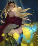  1girl absurdres aito bangs birdcage black_legwear blonde_hair cage cape commentary_request ereshkigal_(fate/grand_order) fate/grand_order fate_(series) flower from_behind highres holding_cage jewelry long_hair looking_at_viewer red_cape red_eyes single_thighhigh thigh-highs two_side_up yellow_flower 