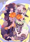  2girls absurdres blush boots dress goat green_eyes hair_ornament hairclip halloween highres horns jack-o&#039;-lantern lee_hyeseung long_hair multiple_girls open_mouth original pumpkin red_eyes sheep skirt star trick_or_treat very_long_hair wings 