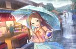  blush brown_hair dress green_eyes idolmaster_cinderella_girls_starlight_stage long_hair matsuyama_kumiko smile umbrella 