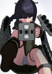  absurdres aiming_at_viewer bangs black_hair blunt_bangs braid cannon highres kantai_collection karasuma_kuraha kitakami_(kantai_collection) long_hair looking_at_viewer machinery rigging school_uniform serafuku single_braid skirt thighs torpedo torpedo_tubes turret 