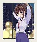  1girl absurdres adjusting_hair arms_up bangs blue_eyes brown_hair hair_tie_in_mouth highres id_tag juuta0909 lanyard long_sleeves mouth_hold night office_lady original pencil_skirt ponytail shirt sidelocks skirt standing white_shirt window 