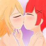  2girls blonde_hair blush closed_eyes commentary cross_hair_ornament french_kiss hair_flaps hair_ornament highres kiss konomori_kanon long_hair ma_g medium_hair multiple_girls purple_background redhead saliva shoulder_grab simple_background tanemura_koyori tongue topless twintails watashi_ni_tenshi_ga_maiorita! yuri 