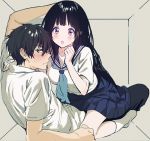  1boy 1girl arms_up bangs black_hair blush box breasts chitanda_eru closed_mouth couple ear_blush embarrassed eyebrows_visible_through_hair green_eyes hair_between_eyes hand_on_another&#039;s_shoulder hetero hyouka in_box in_container indoors kneehighs leaning_back long_hair looking_at_another looking_to_the_side mery_(apfl0515) open_mouth oreki_houtarou school_uniform serafuku shirt short_sleeves sitting sitting_on_person skirt sweat sweatdrop violet_eyes white_legwear white_shirt 