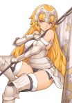  1girl alternate_hairstyle armor armored_boots bangs banner bare_shoulders black_legwear blonde_hair boots breasts chain closed_mouth commentary_request eyebrows_visible_through_hair fate/grand_order fate_(series) fur-trimmed_legwear fur_trim gauntlets grey_footwear headpiece holding invisible_chair jeanne_d&#039;arc_(fate) jeanne_d&#039;arc_(fate)_(all) long_hair looking_at_viewer medium_breasts no_pants simple_background sitting smile solo thigh-highs thigh_boots thighhighs_under_boots thighs tsuki_suigetsu very_long_hair white_background 