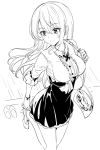  1girl adjusting_footwear bag bangs blush breasts closed_mouth collared_shirt eyebrows_visible_through_hair greyscale hair_between_eyes handbag high-waist_skirt high_heels holding_strap long_hair looking_away looking_down medium_breasts monochrome original ririko_(zhuoyandesailaer) shirt shoes short_sleeves shoulder_bag skirt smile solo standing standing_on_one_leg very_long_hair 