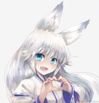  1girl :d animal_ear_fluff animal_ears artist_name bangs blue_eyes commentary commission english_commentary eyebrows_visible_through_hair fang fox_ears heart heart_hands japanese_clothes long_hair looking_at_viewer open_mouth original silver_hair simple_background smile solo takuyarawr upper_body white_background wide_sleeves 