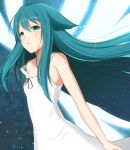  1girl bands bare_shoulders blush bunny1219 collarbone dress energy_wings flat_chest green_eyes green_hair hair_between_eyes hair_flaps light_particles long_hair looking_at_viewer open_mouth ribbon saya saya_no_uta sidelocks sleeveless solo standing sundress very_long_hair white_dress wings 