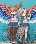  2girls alternate_costume bicycle bird_girl bird_tail bird_wings black_hair black_legwear blonde_hair blue_skirt bow brown_eyes brown_hair commentary_request eurasian_eagle_owl_(kemono_friends) extra_ears eyebrows_visible_through_hair full_body graffiti grey_hair ground_vehicle hair_between_eyes head_wings highres kemono_friends kolshica midriff_peek multicolored_hair multiple_girls navel neckerchief northern_white-faced_owl_(kemono_friends) owl_ears pink_bow pleated_skirt red_neckwear sailor_collar school_uniform serafuku shirt shoe_bow shoes short_hair short_sleeves skirt t-shirt thigh-highs white_footwear white_hair white_legwear wings yellow_eyes zettai_ryouiki 