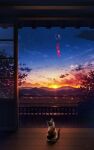  calico cat clouds commentary_request evening field highres lamppost mountain mountainous_horizon no_humans original power_lines railing rice_paddy road scenery sky sliding_doors star_(sky) starry_sky sun sunset tree utility_pole veranda vinci_v7 wind_chime wooden_floor 