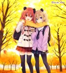  2girls animal_ears autumn bag brown_hair character_request long_hair looking_at_viewer multiple_girls neptune_(series) panda_ears pantyhose red_eyes redhead scarf school_uniform shakeko_(neptune_series) signature thigh-highs tsunako violet_eyes 