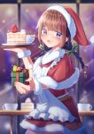  1girl :d absurdres bangs belt blurry blurry_background bow braid brown_hair cake coffee_mug cup eyebrows_visible_through_hair food fruit gift green_bow hair_bow hat highres looking_at_viewer mug open_mouth original pom_pom_(clothes) red_headwear santa_hat slice_of_cake smile solo standing strawberry tachibanashiro17 twin_braids violet_eyes wristband 