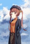  1girl absurdres azur_lane bangs beret black_headwear black_jacket blue_sky blush breasts brown_hair brown_pants closed_mouth clouds cloudy_sky commentary_request day eyebrows_visible_through_hair hairpods hand_in_pocket hat highres jacket long_hair long_sleeves looking_away okappa_(bobbed001) open_clothes open_jacket orange_shirt outdoors pants ping_hai_(azur_lane) red_eyes shirt sky small_breasts smile solo twintails 