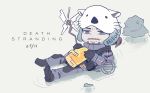  backpack bag chibi death_stranding facial_hair floating highres mechanicsci otter overalls river rock sam_porter_bridges 